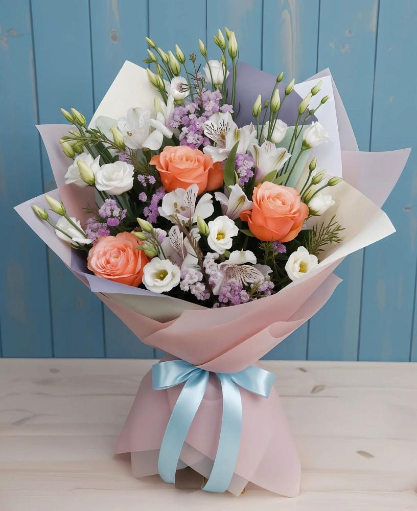 Букет цветов из: Лизиантусы, Розы, Альстромерии и Гипсофила в Вагае