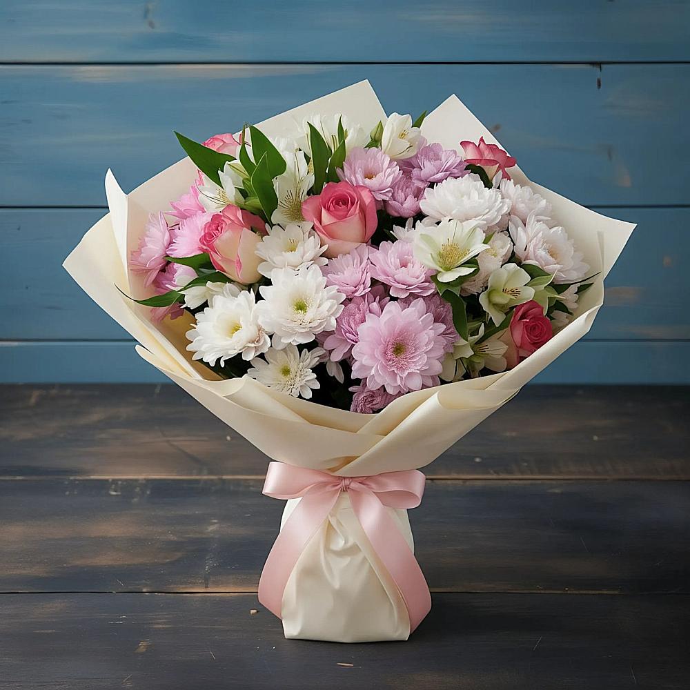 Букет цветов из: Хризантемы, Альстромерии и Розы в Вагае